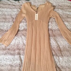 Freshman Tan Bodycon V-Neck Bell Sleeve Dress